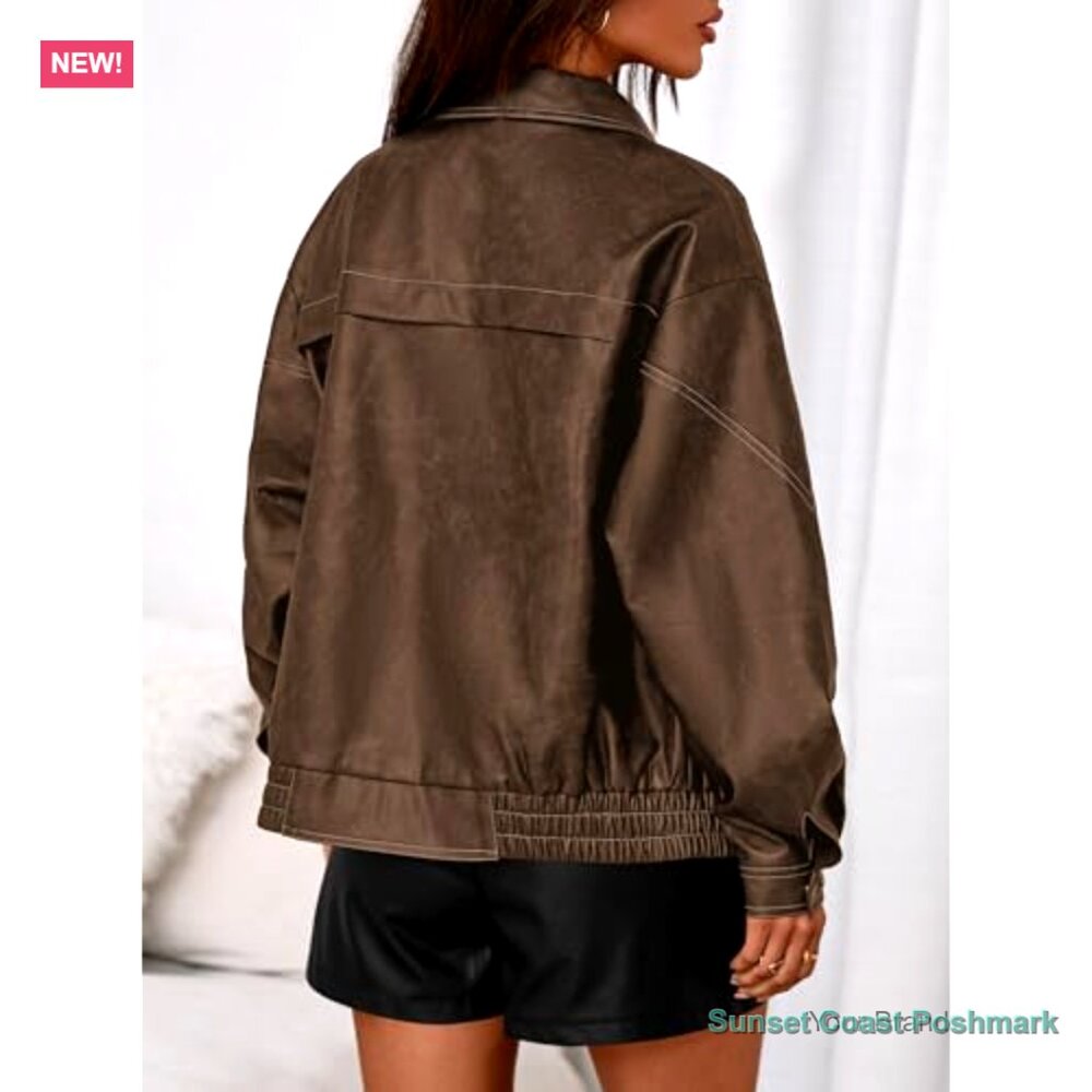 Faux Leather Jacket Women Bomber Motorcycle Zip Up Oversized Winter Coat - Picture 4 of 7